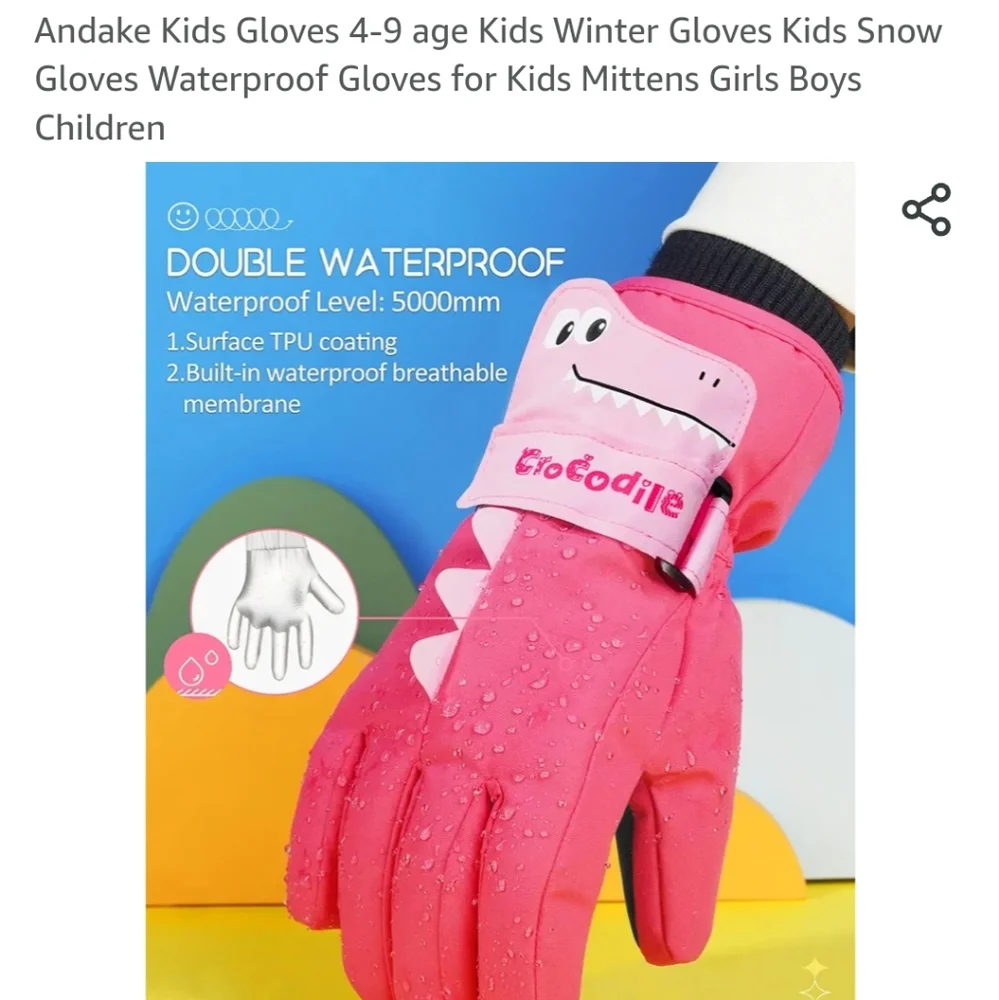 Double Waterproof gloves for snow for age 7-9 pink adjustable velcro  Wr…